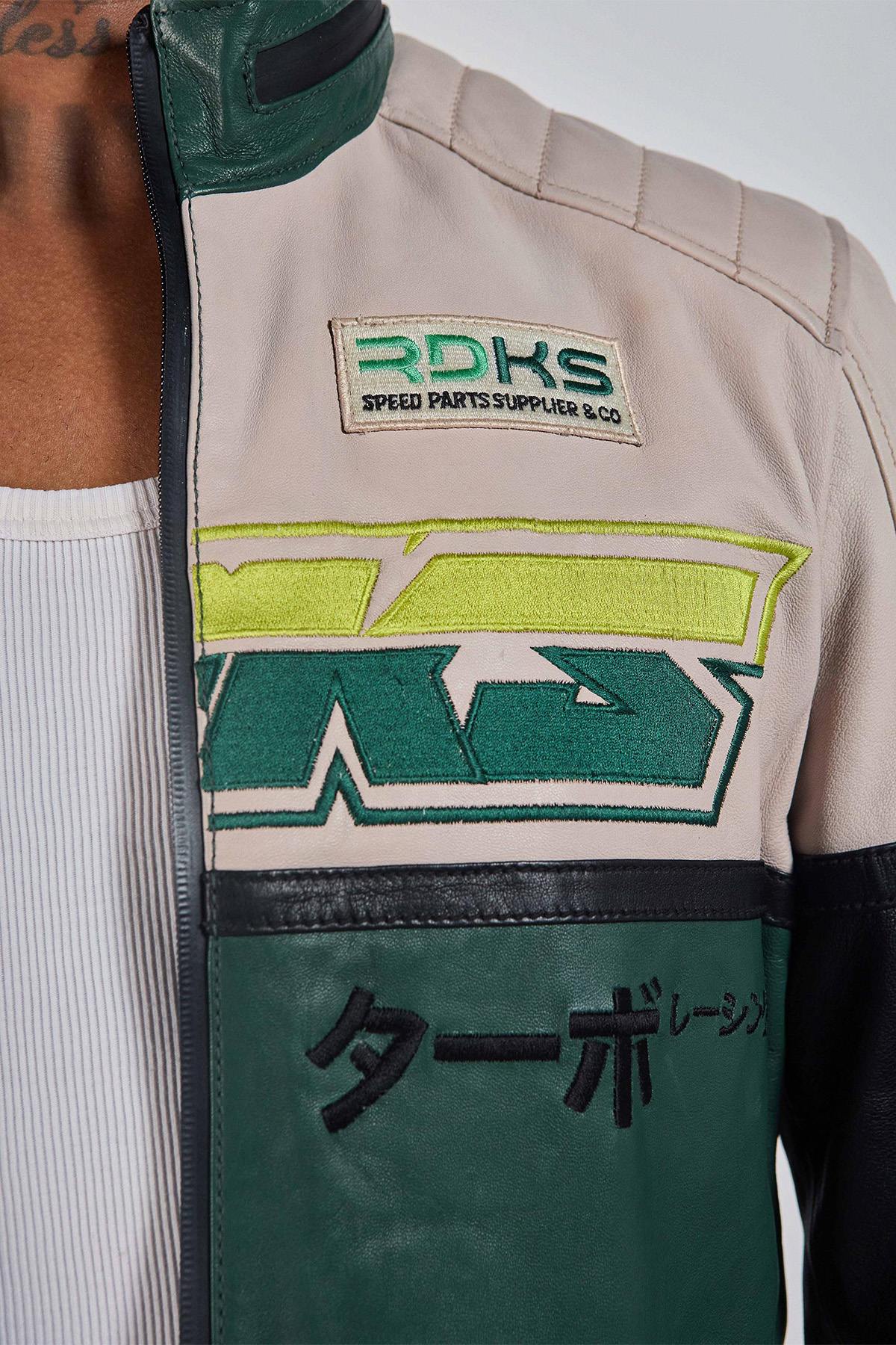 Vintage green and off-white racing leather jacket - Image n°5