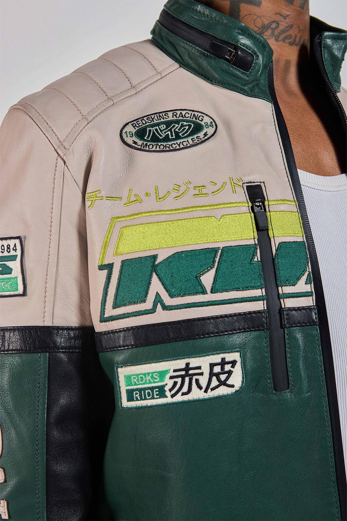 Vintage green and off-white racing leather jacket - Image n°4