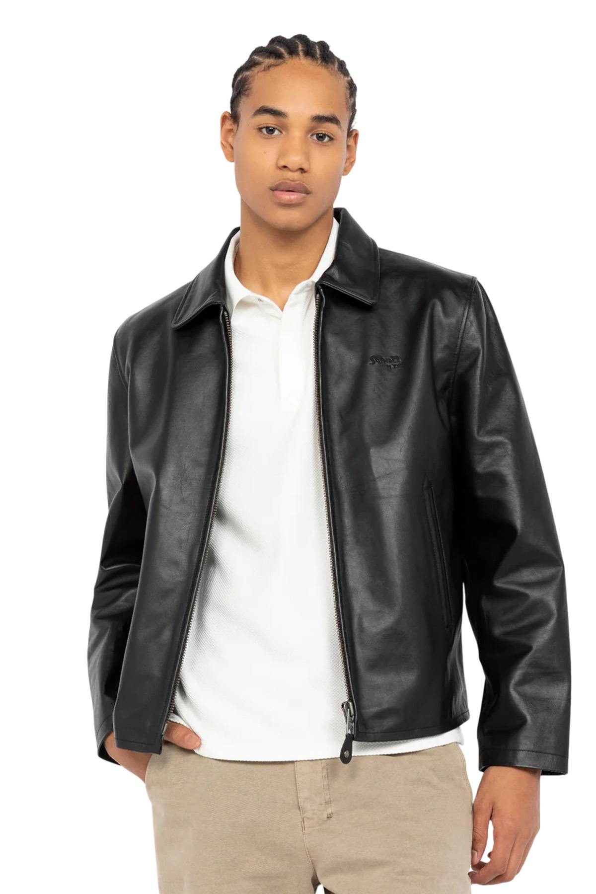 Black cowhide leather jacket with shirt collar - Image n°1