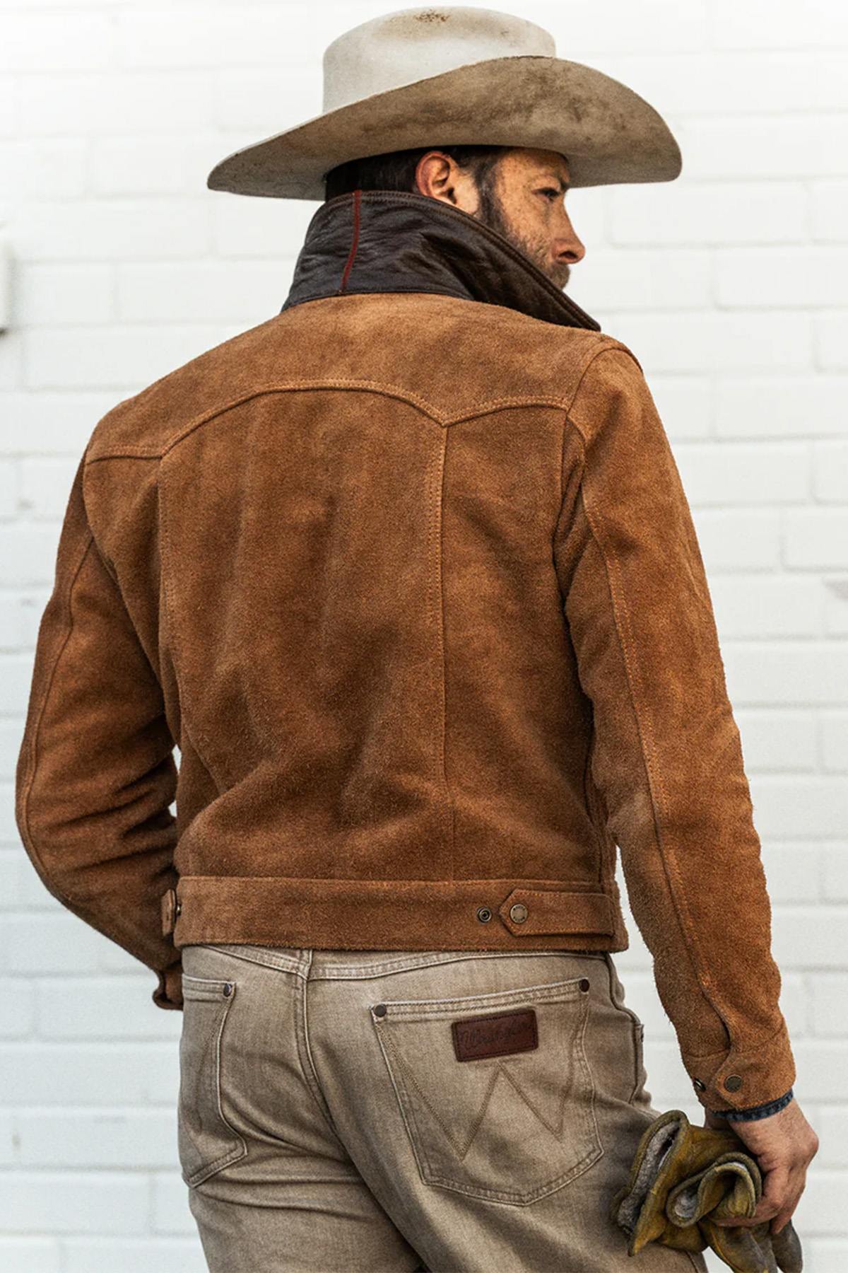 Rugged suede leather trucker jacket with buffalo leather collar - Image n°3