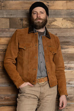 Rugged suede leather trucker jacket with buffalo leather collar - Image n°11