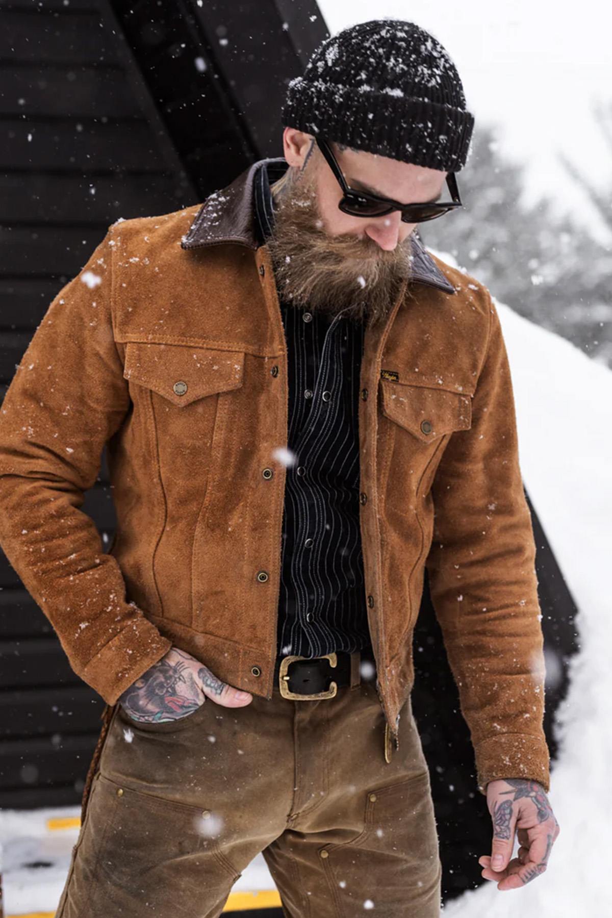 Rugged suede leather trucker jacket with buffalo leather collar - Image n°2