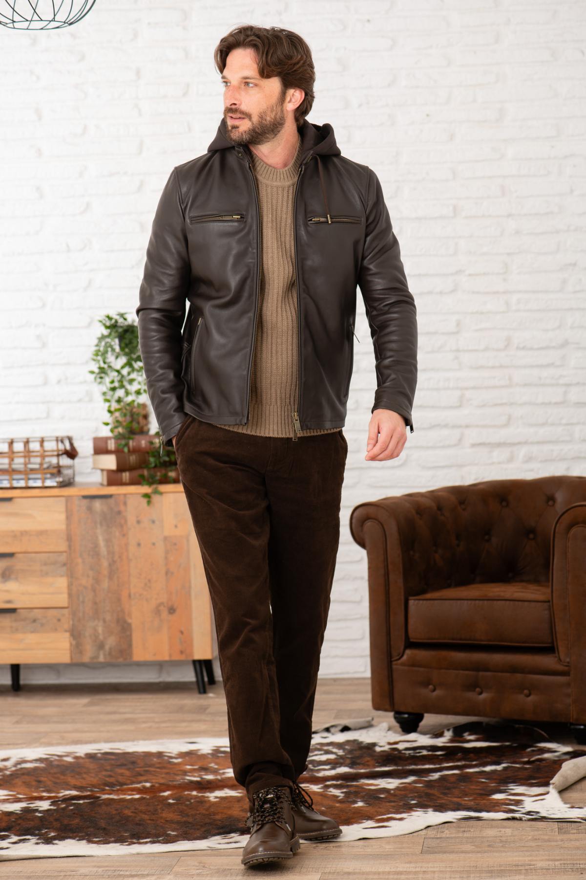 Cocoa-colored leather hooded jacket - Image n°2