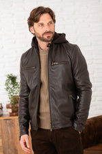 Cocoa-colored leather hooded jacket - Image n°8