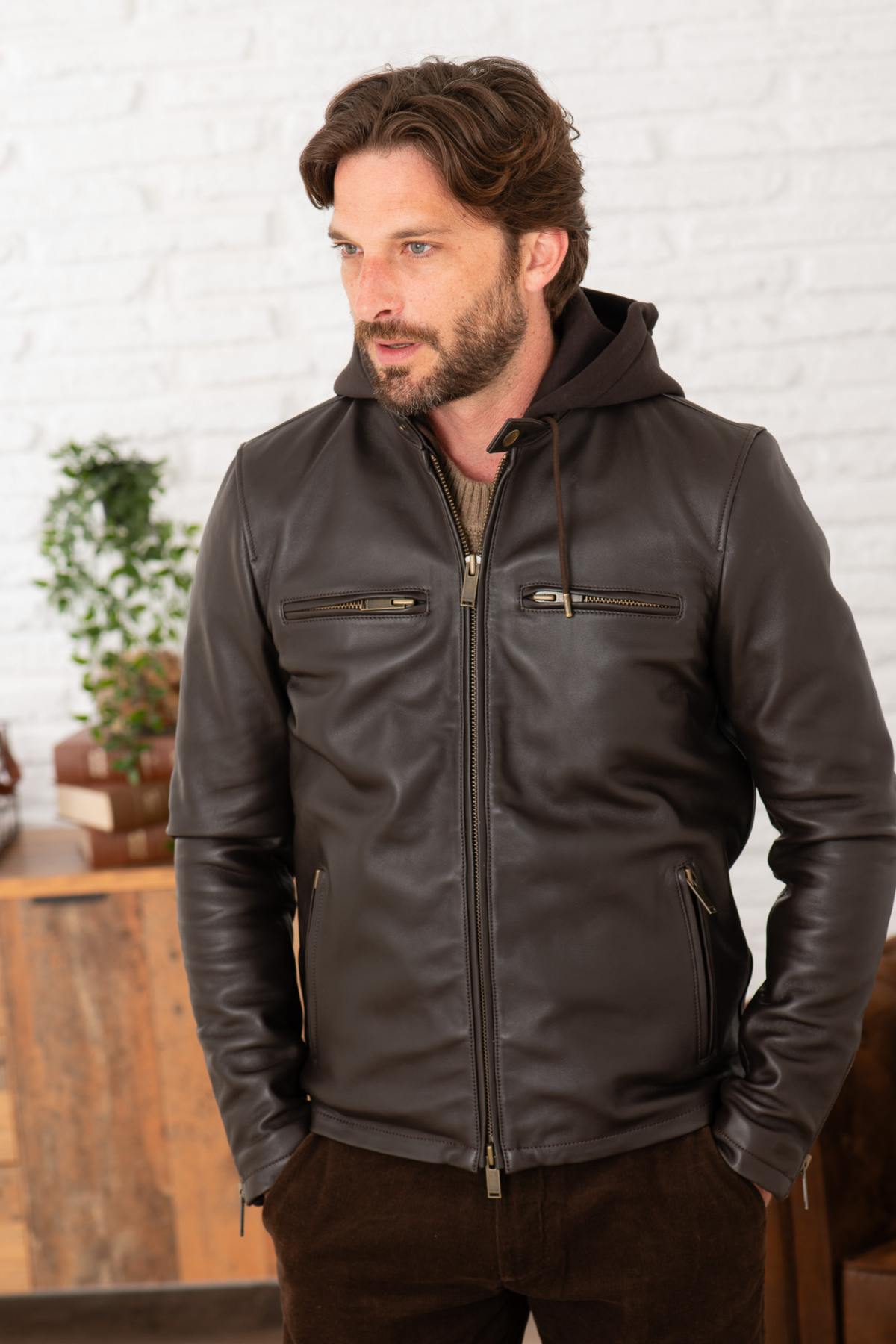 Cocoa-colored leather hooded jacket - Image n°1