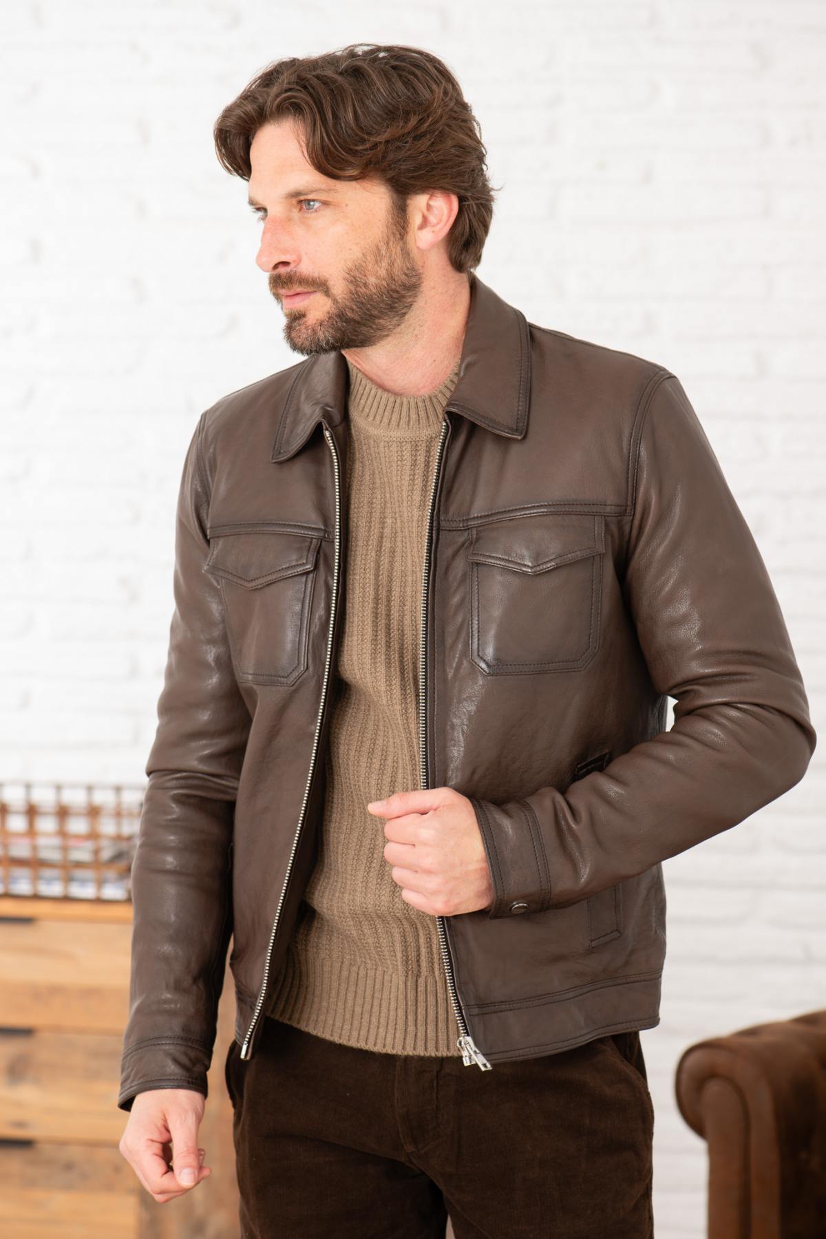 Mocha shirt collar leather jacket with two chest pockets - Image n°3