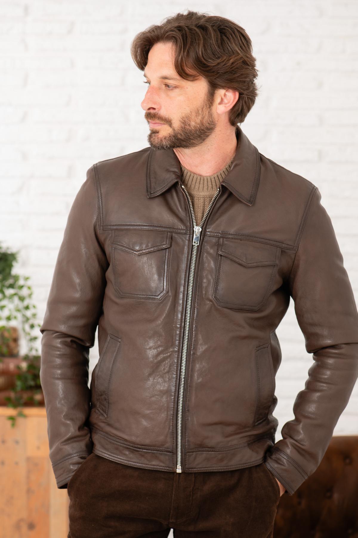Mocha shirt collar leather jacket with two chest pockets - Image n°1