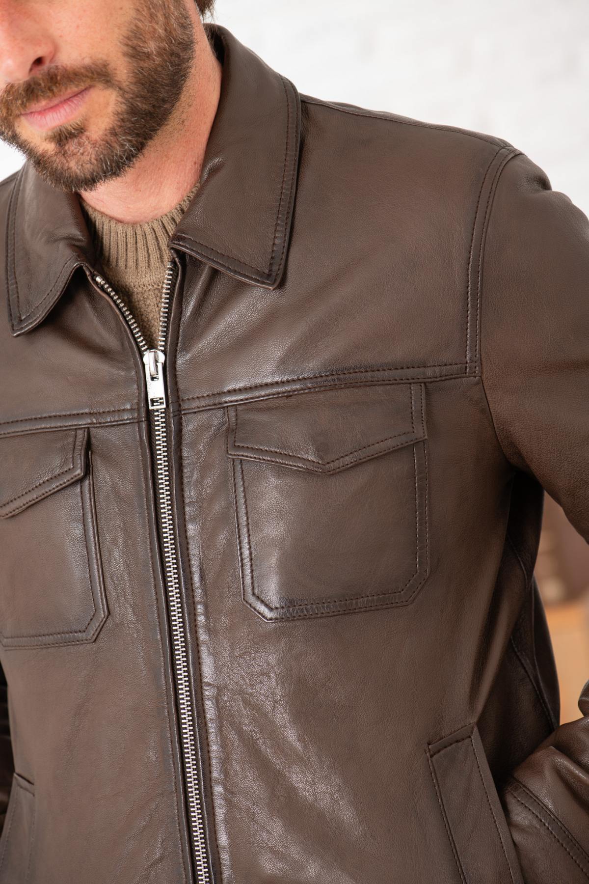 Mocha shirt collar leather jacket with two chest pockets - Image n°5
