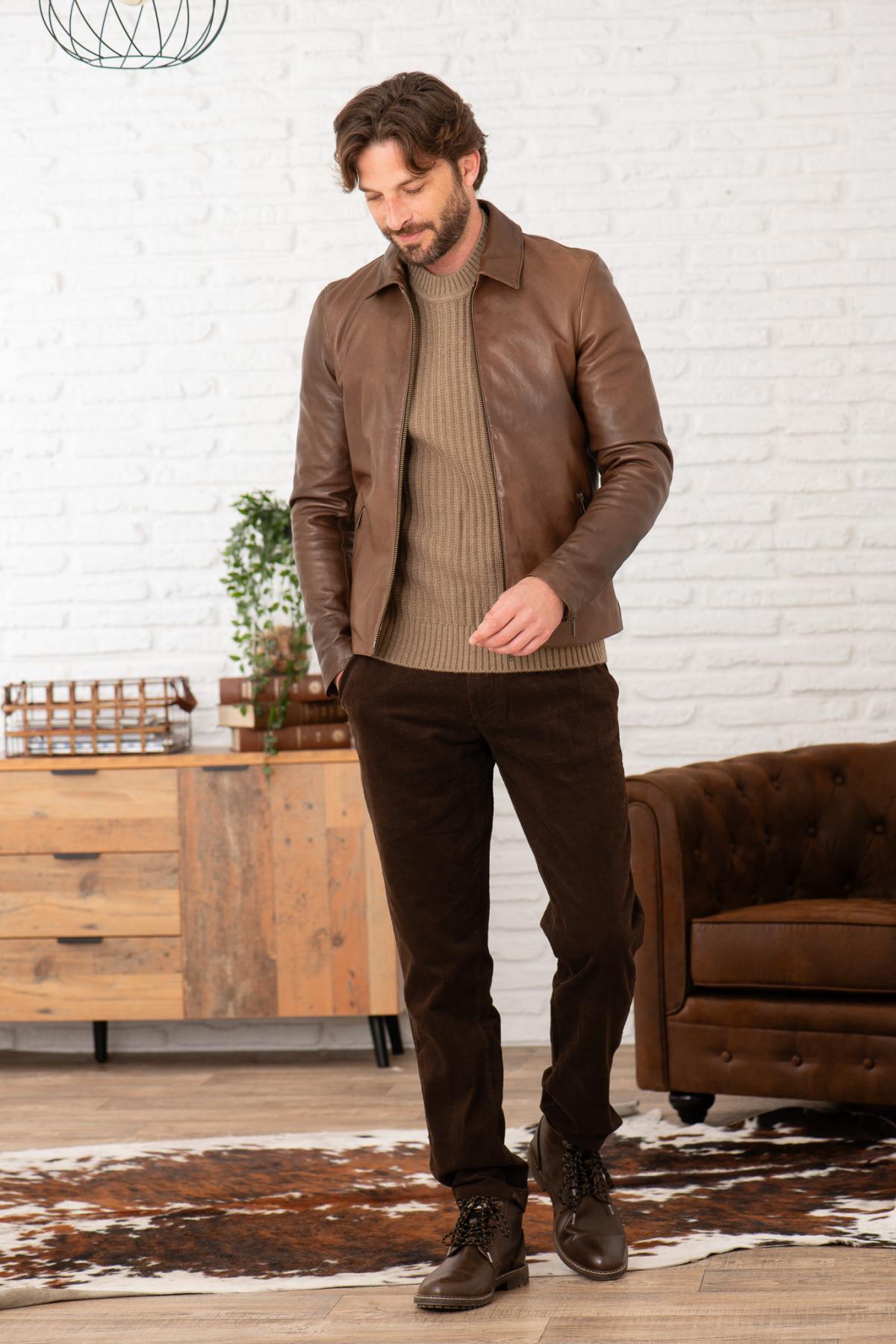 Cocoa-colored leather jacket with shirt collar - Image n°2
