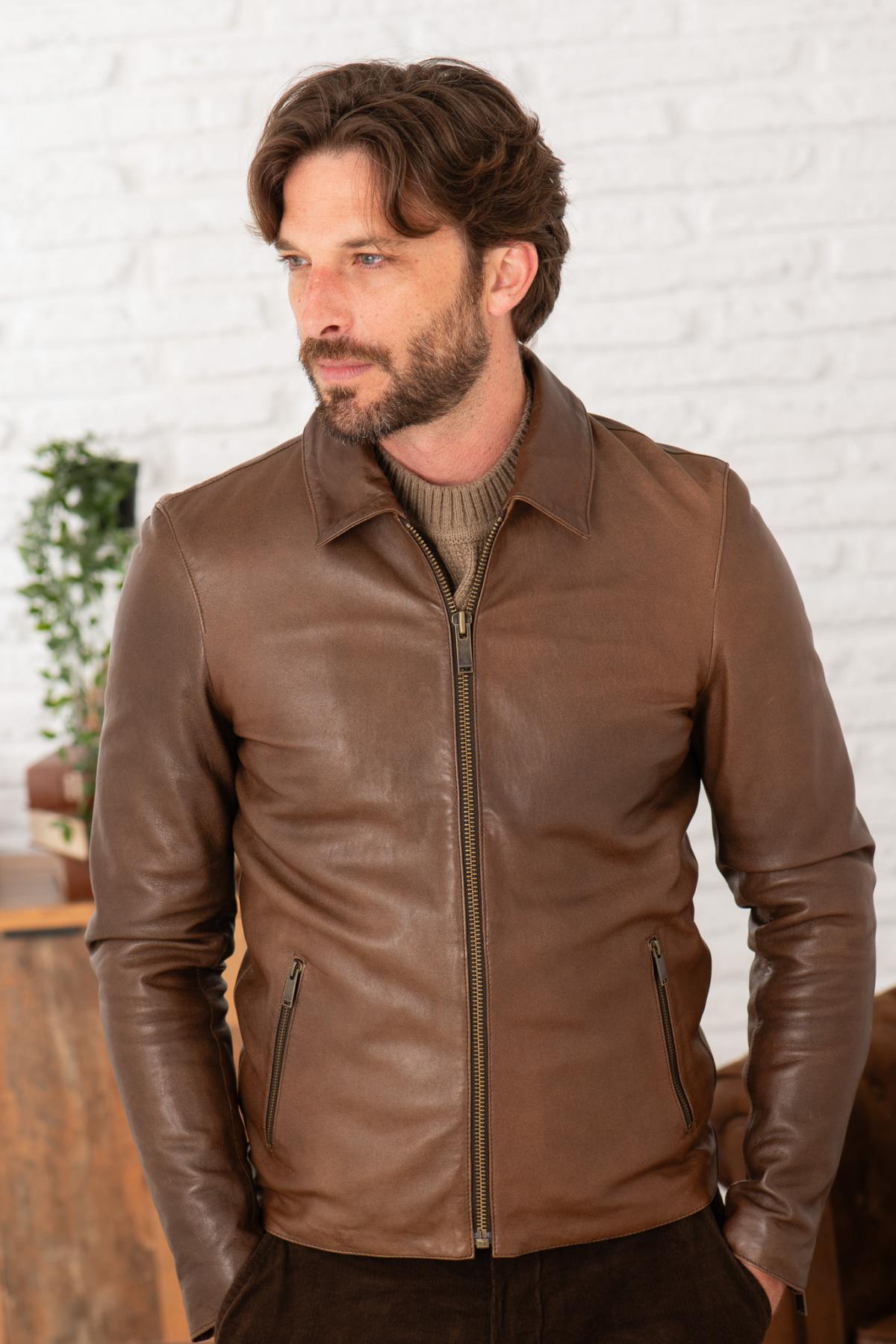 Cocoa-colored leather jacket with shirt collar - Image n°1