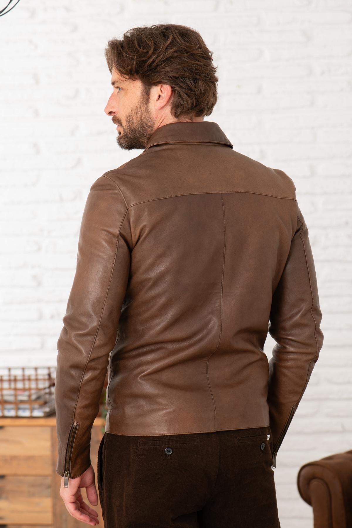 Cocoa-colored leather jacket with shirt collar - Image n°3