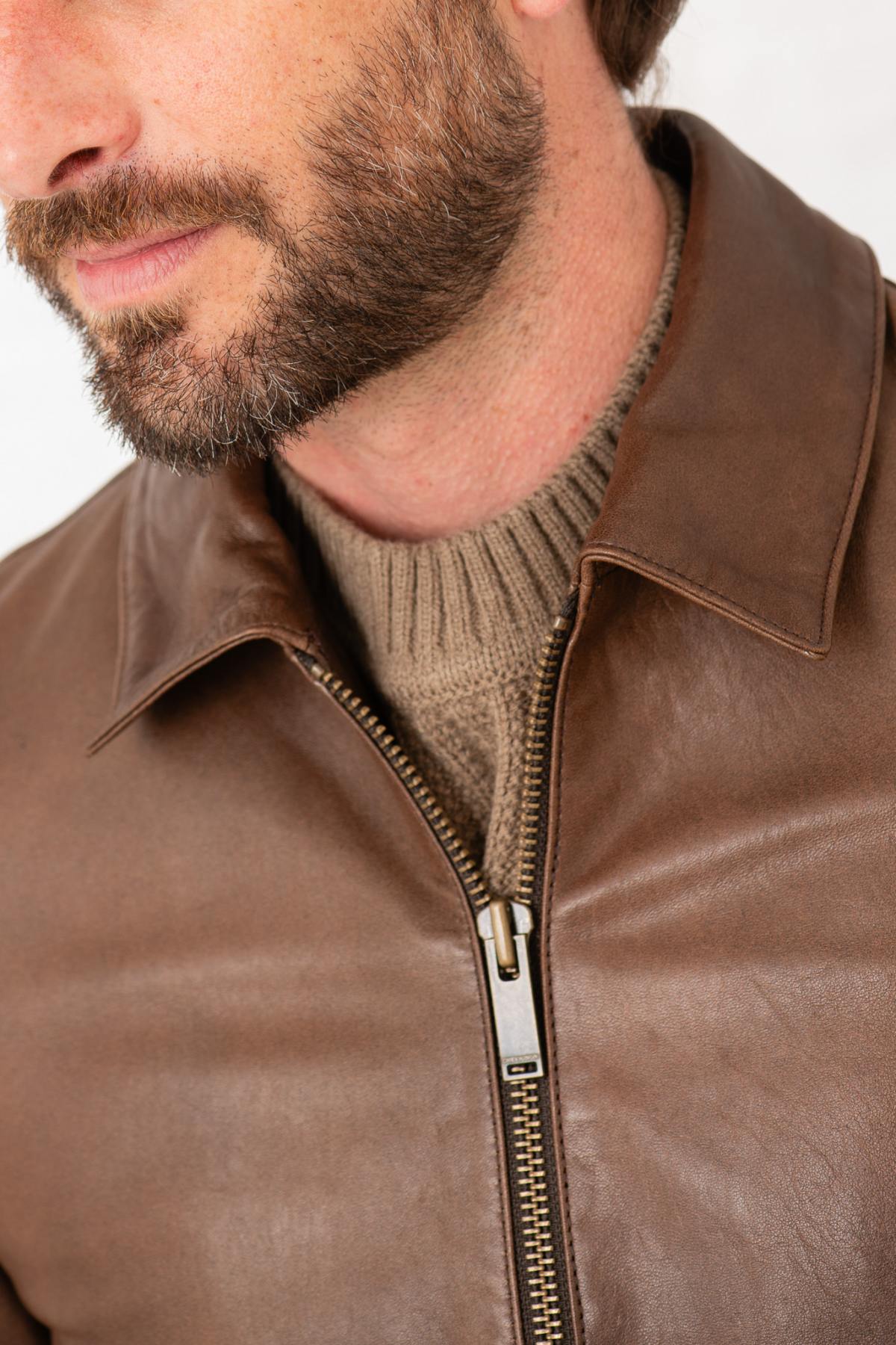 Cocoa-colored leather jacket with shirt collar - Image n°5