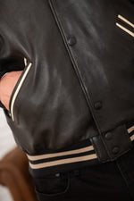 Vintage style black and white leather varsity teddy - Image n°7