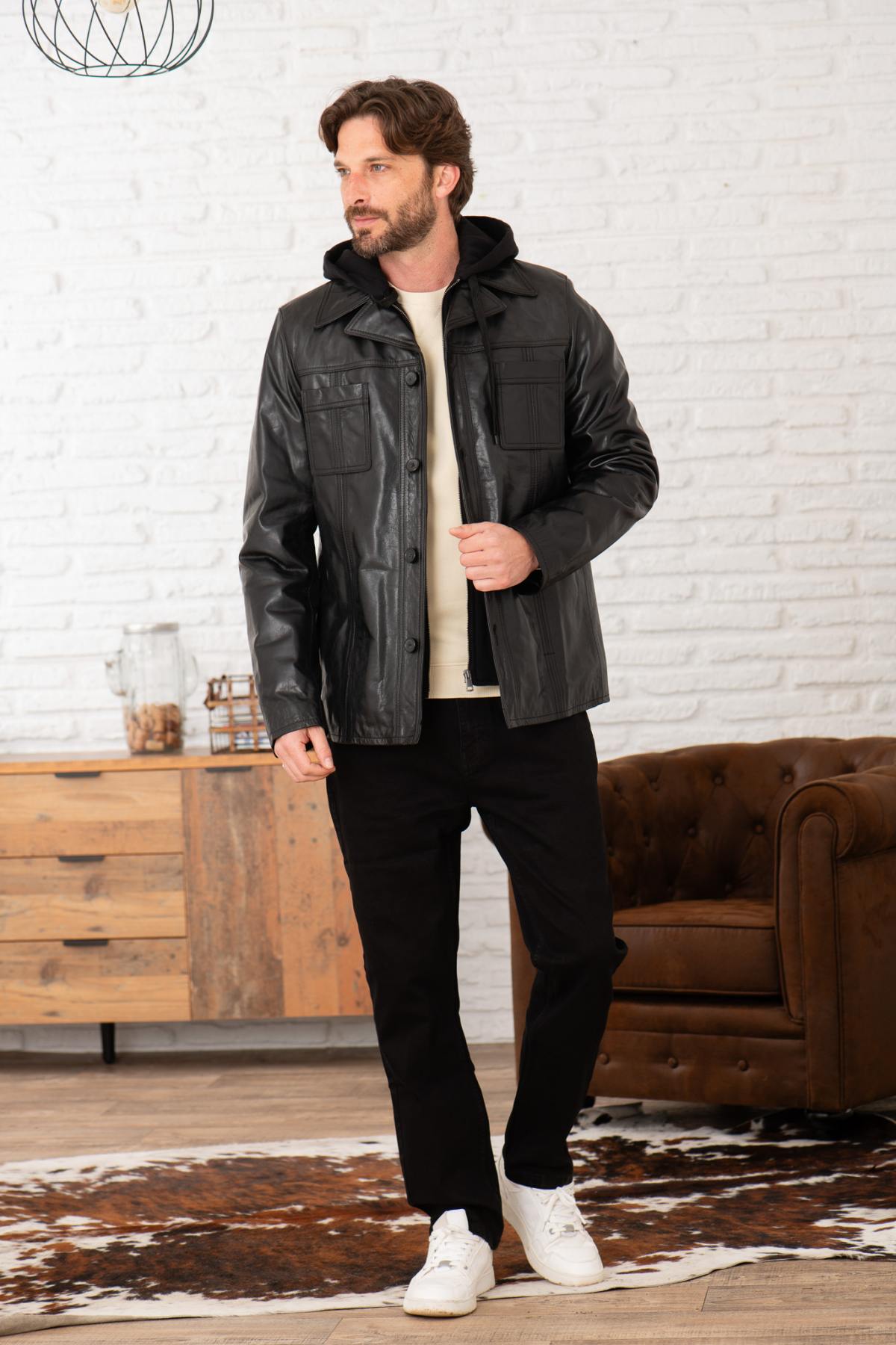 Retro black buffalo leather jacket with detachable hood and cut. - Image n°5