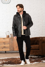 Retro black buffalo leather jacket with detachable hood and cut. - Image n°5