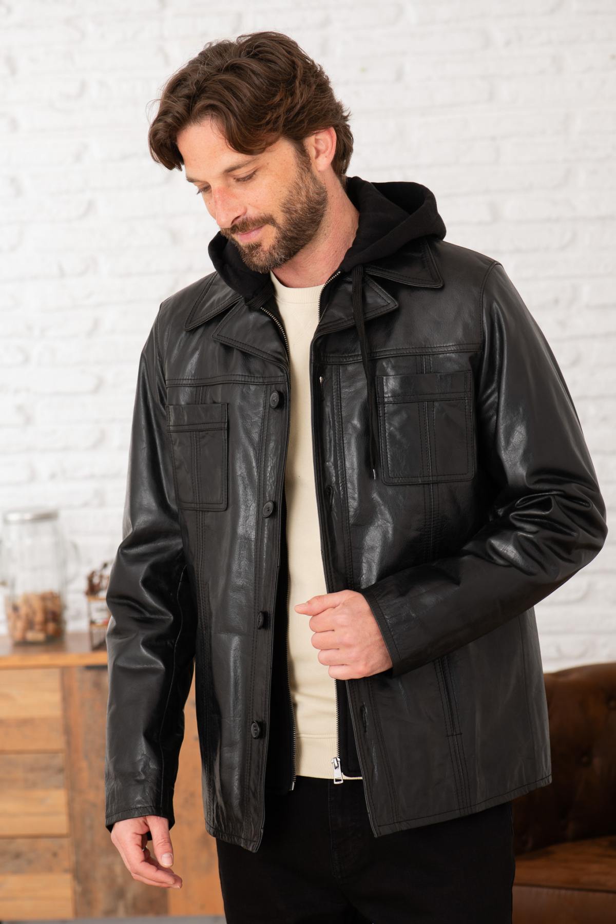 Retro black buffalo leather jacket with detachable hood and cut. - Image n°2