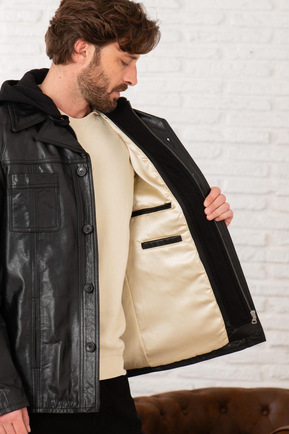 Retro black buffalo leather jacket with detachable hood and cut. - Image n°6