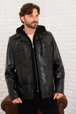 Retro black buffalo leather jacket with detachable hood and cut. - Image n°7