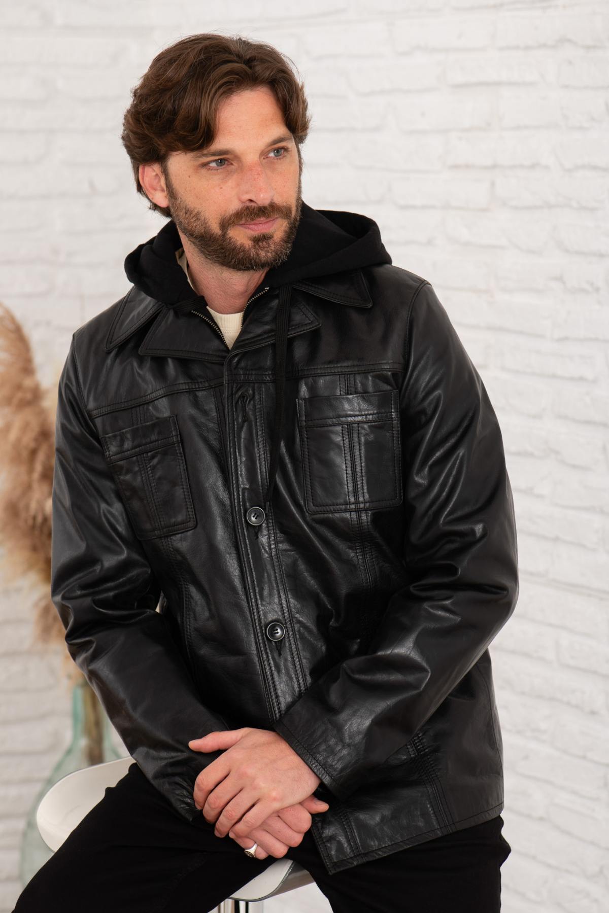 Retro black buffalo leather jacket with detachable hood and cut. - Image n°1