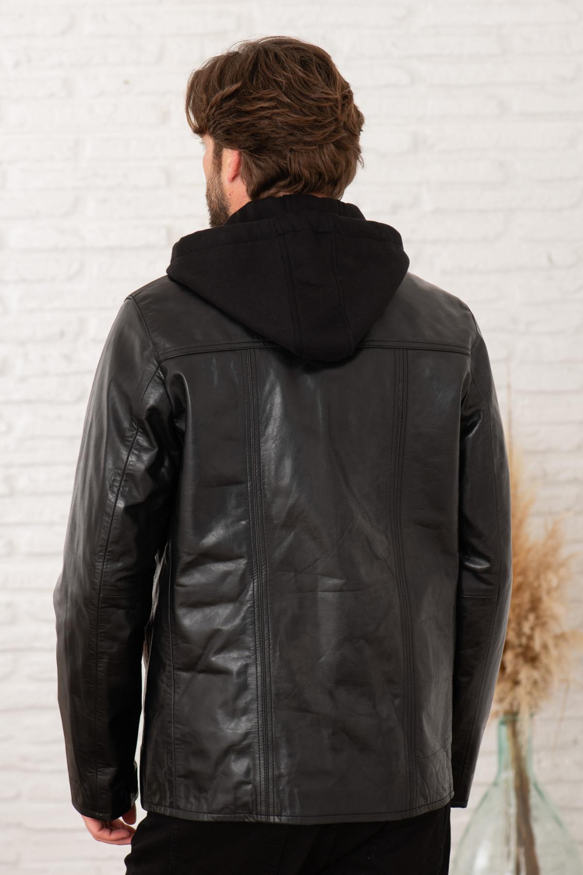 Retro black buffalo leather jacket with detachable hood and cut. - Image n°3