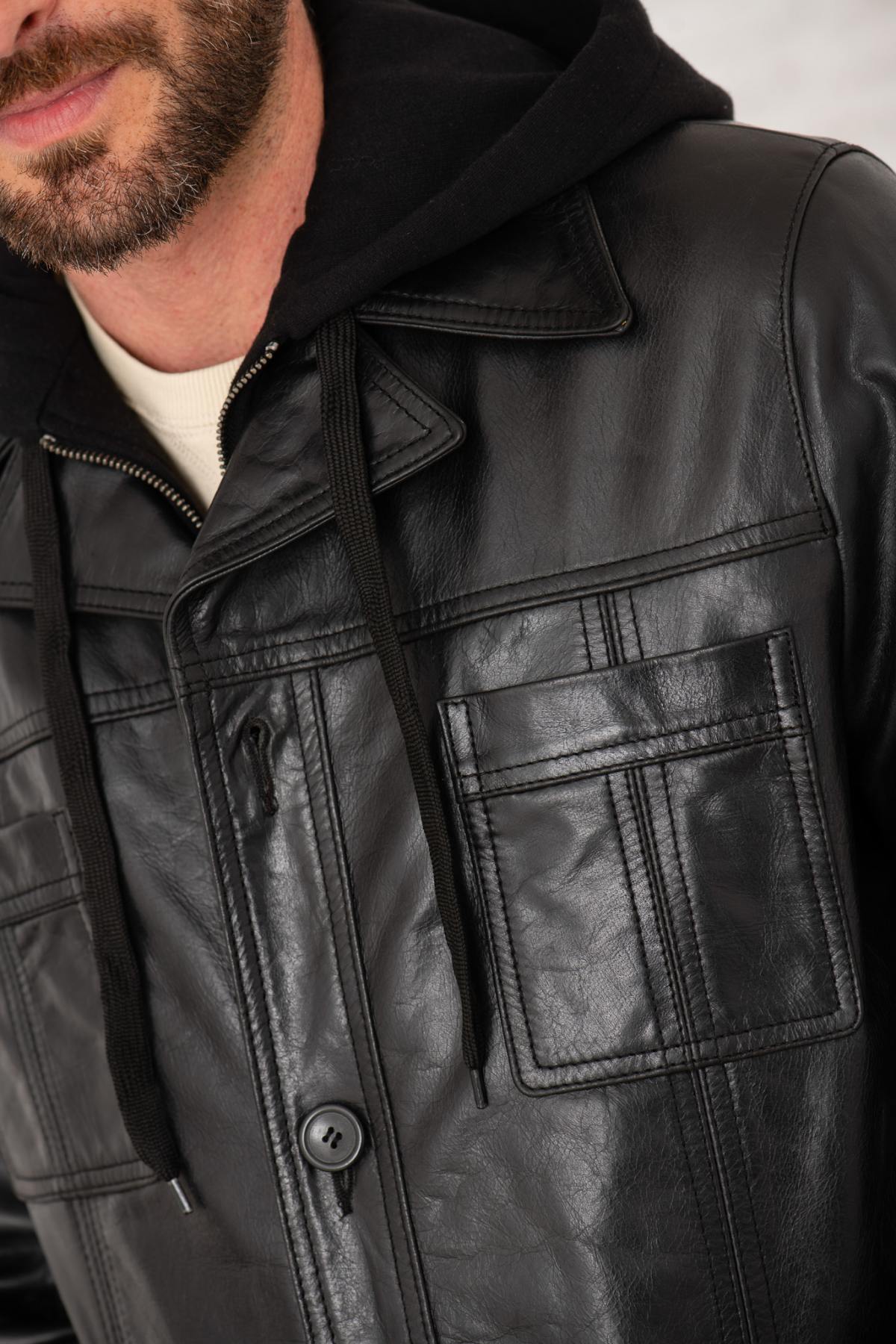Black buffalo leather jacket with removable hood - Image n°4
