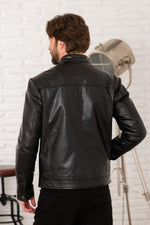 Black smooth leather jacket with minimalist biker collar - Image n°2