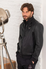 Perforated lambskin jacket in navy, stand-up collar, snap pockets. - Image n°6