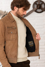 Suede leather bomber jacket with metal emblem - Image n°7