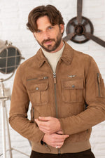 Suede leather bomber jacket with metal emblem - Image n°2