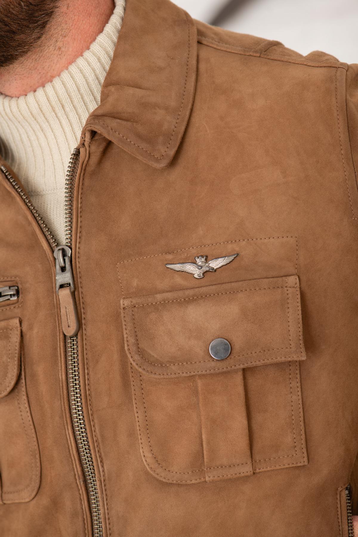Suede leather bomber jacket with metal emblem - Image n°3