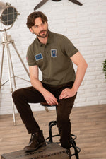 Olive green cotton polo shirt with distressed patches - Image n°6