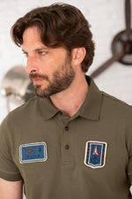 Olive green cotton polo shirt with distressed patches - Image n°4