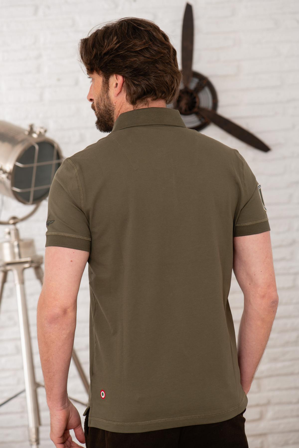 Olive green cotton polo shirt with distressed patches - Image n°3