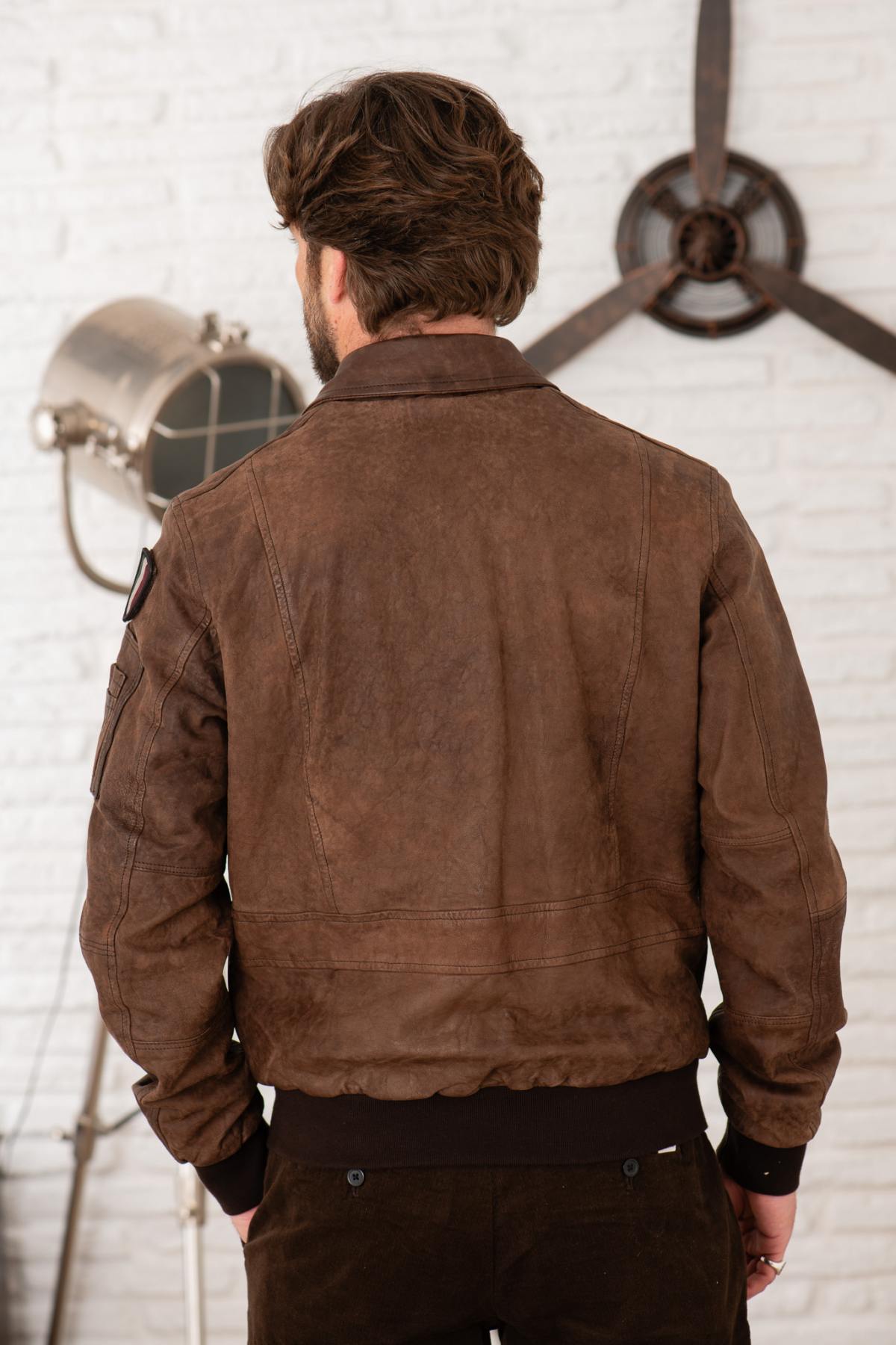 Distressed brown leather bomber jacket - Image n°2