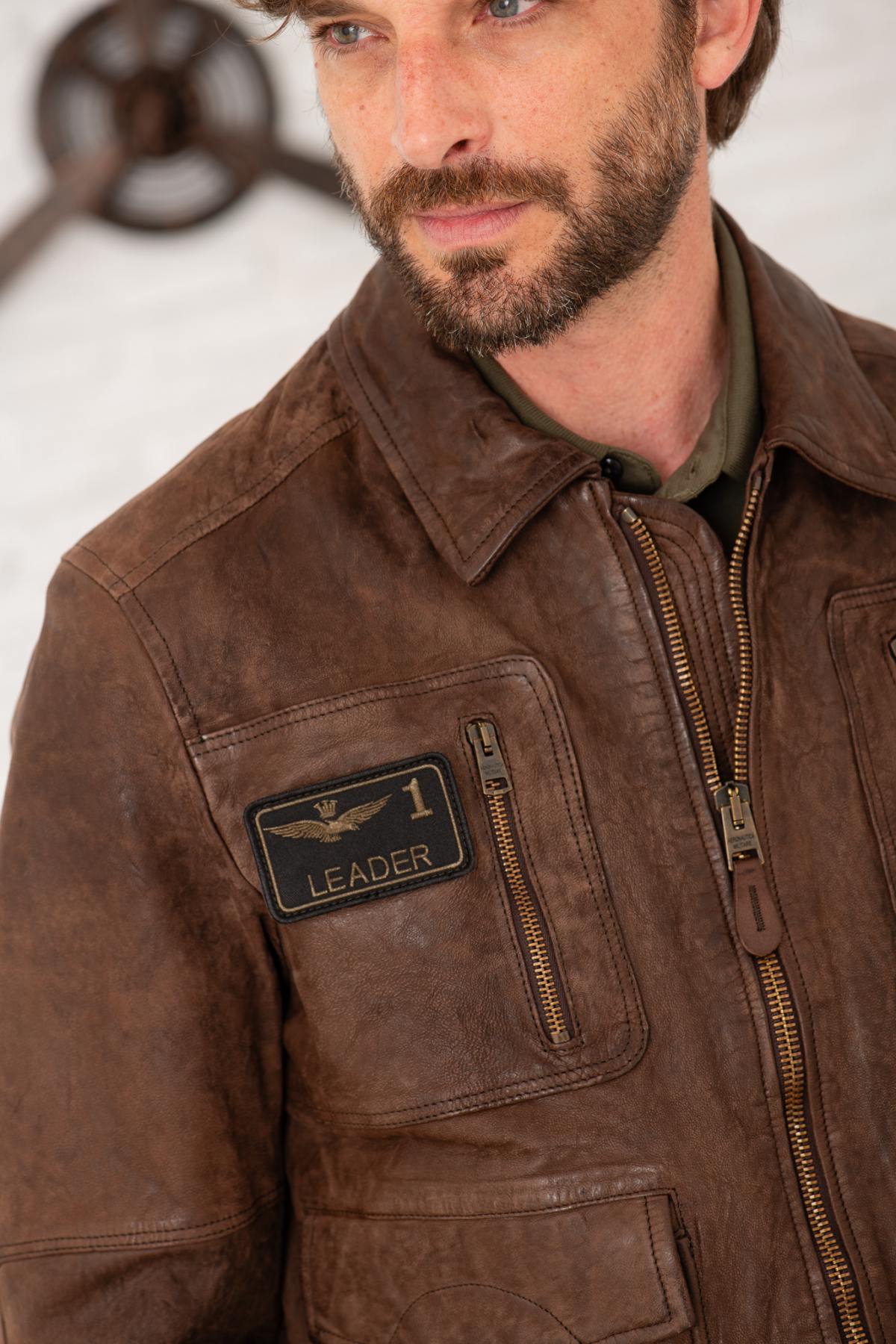 Distressed brown leather bomber jacket - Image n°8