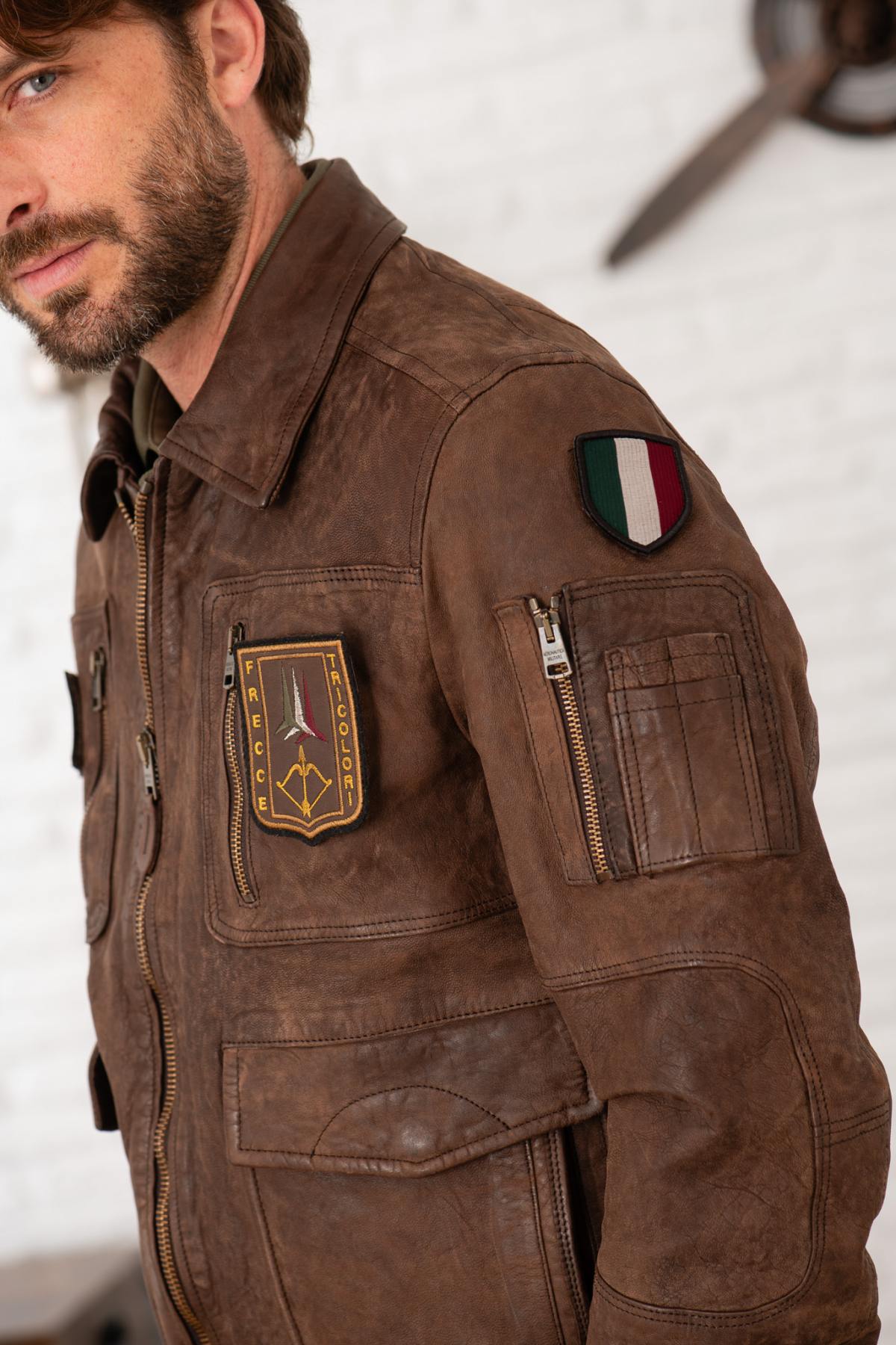 Distressed brown leather bomber jacket - Image n°8