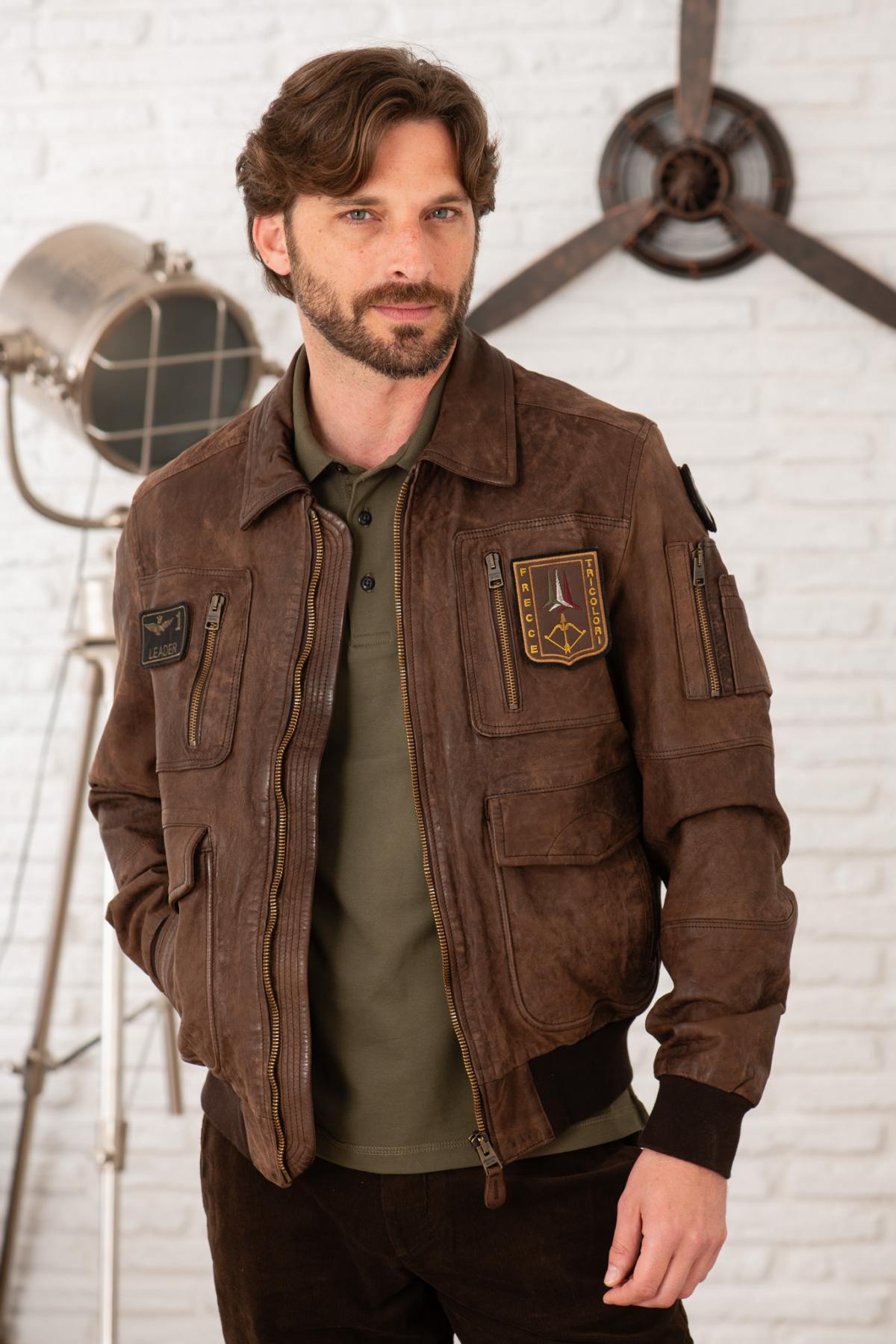 Distressed brown leather bomber jacket - Image n°7