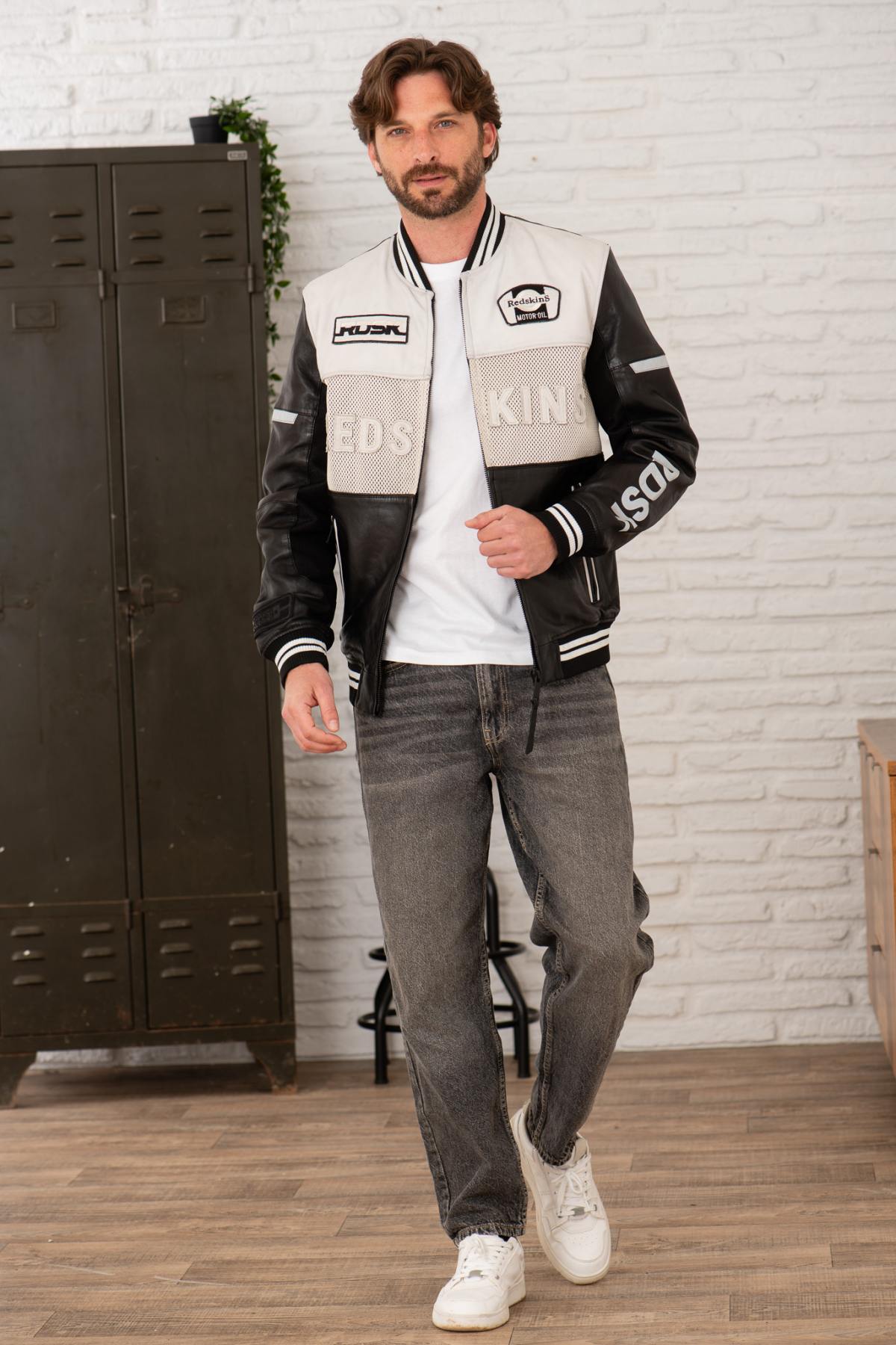 Redskins' black-and-white lambskin bomber with teddy collar and mesh. - Image n°3