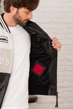Redskins' black-and-white lambskin bomber with teddy collar and mesh. - Image n°6