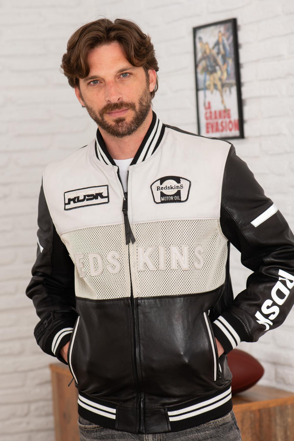 Redskins' black-and-white lambskin bomber with teddy collar and mesh. - Image n°2