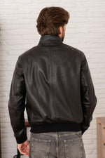 Black leather jacket with stand-up collar and ribbed edges - Image n°3