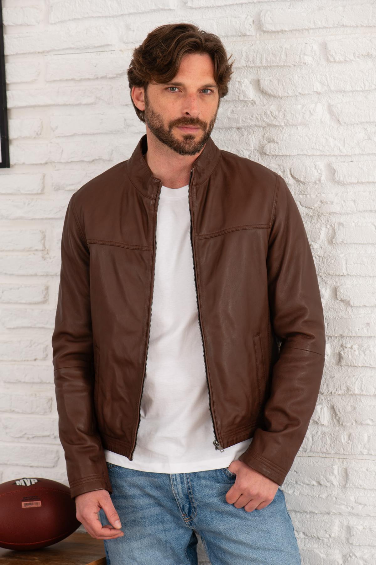 Brown lightweight leather jacket - Image n°1