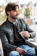Skinny fit charcoal biker collar leather jacket - Image n°1