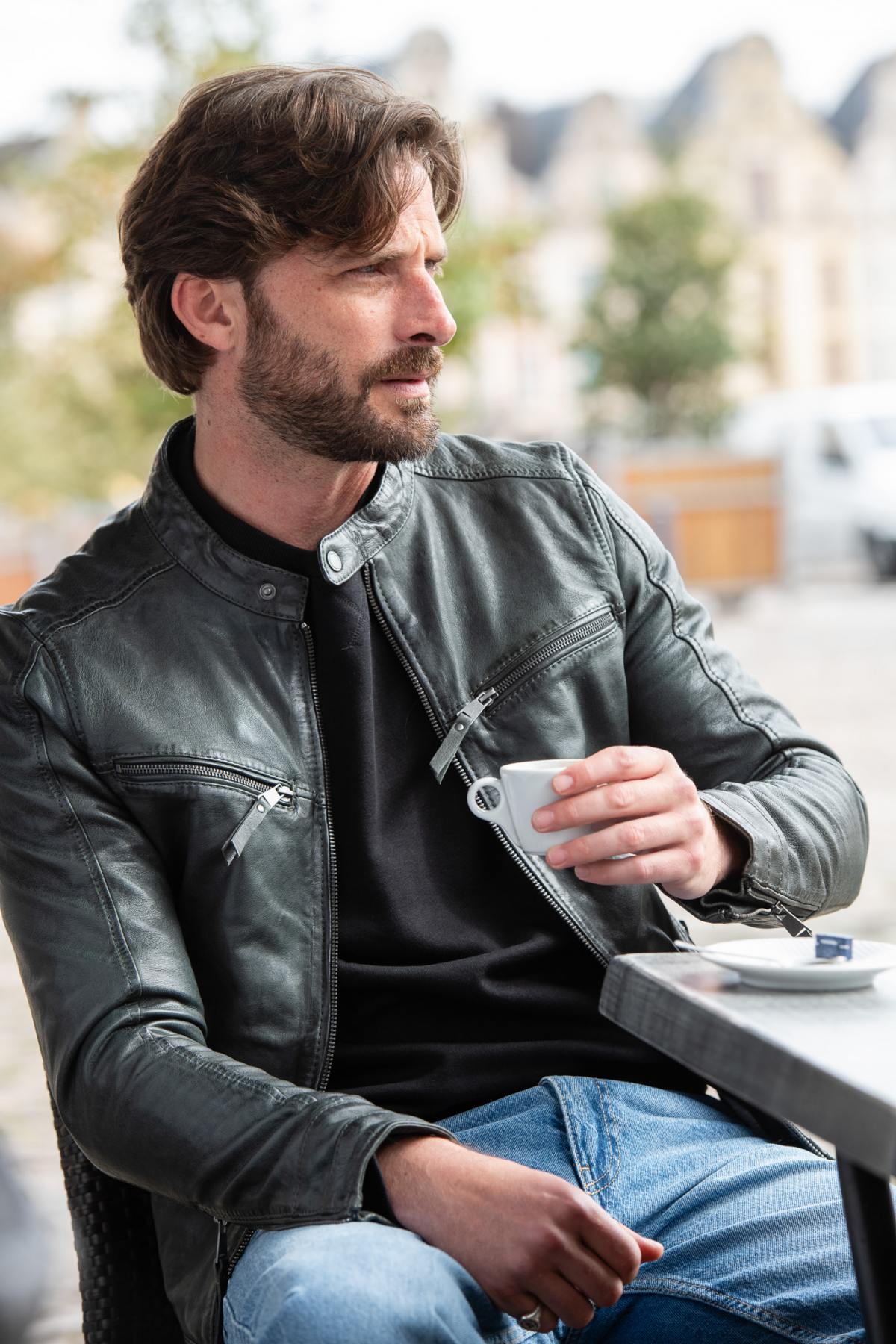Skinny fit charcoal biker collar leather jacket - Image n°1