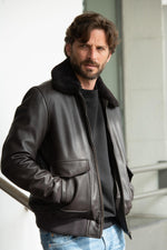 Men's Brown Leather Bomber Jacket - Image n°1