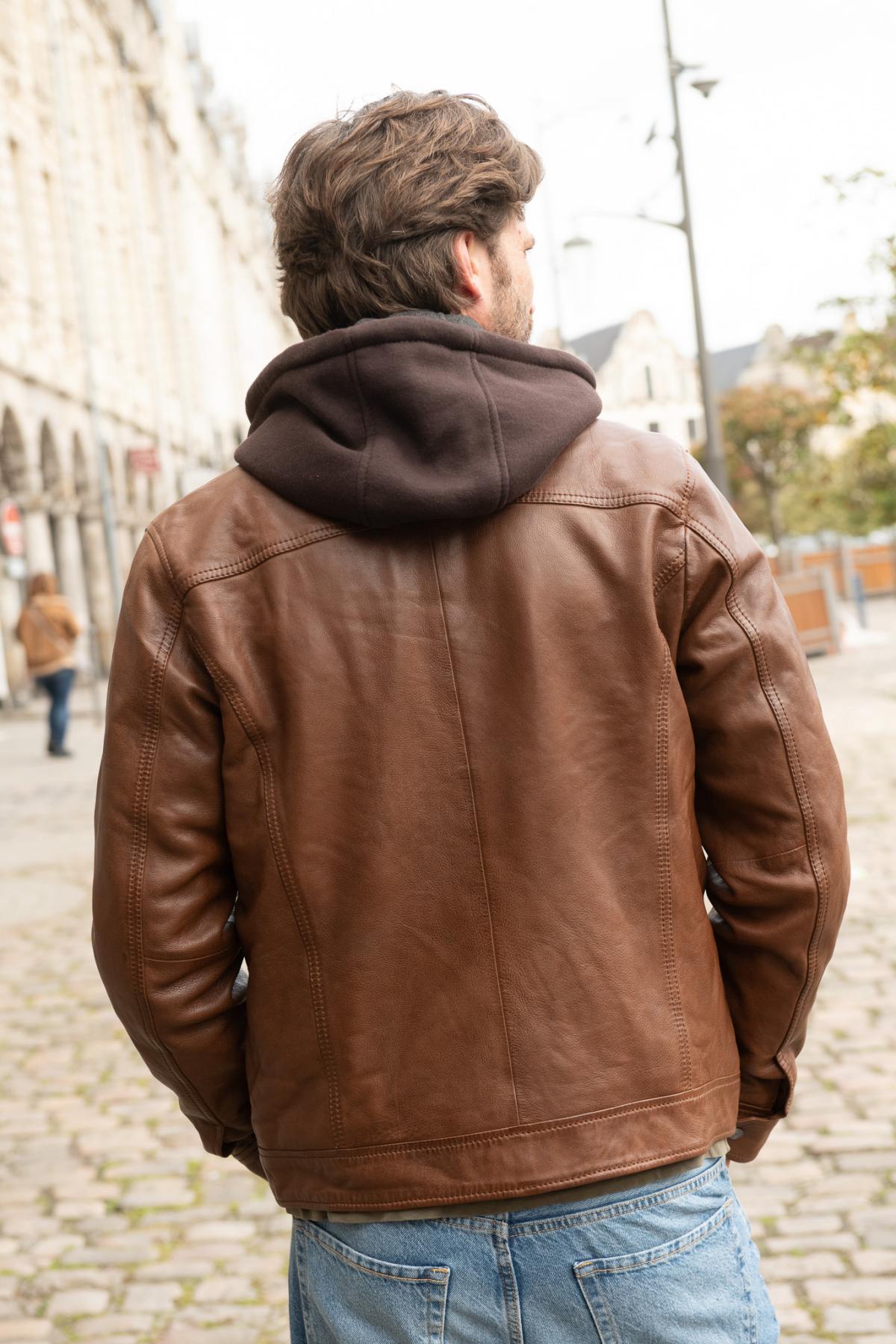 Supple cognac sheep leather jacket, biker collar, and detachable hood. - Image n°2