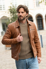Camel-colored leather jacket with a shirt collar - Image n°1