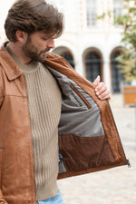 Camel-colored leather jacket with a shirt collar - Image n°6