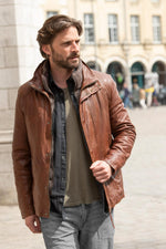 Bison-colored stand-up collar leather jacket with removable facing - Image n°6