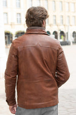 Bison-colored stand-up collar leather jacket with removable facing - Image n°3